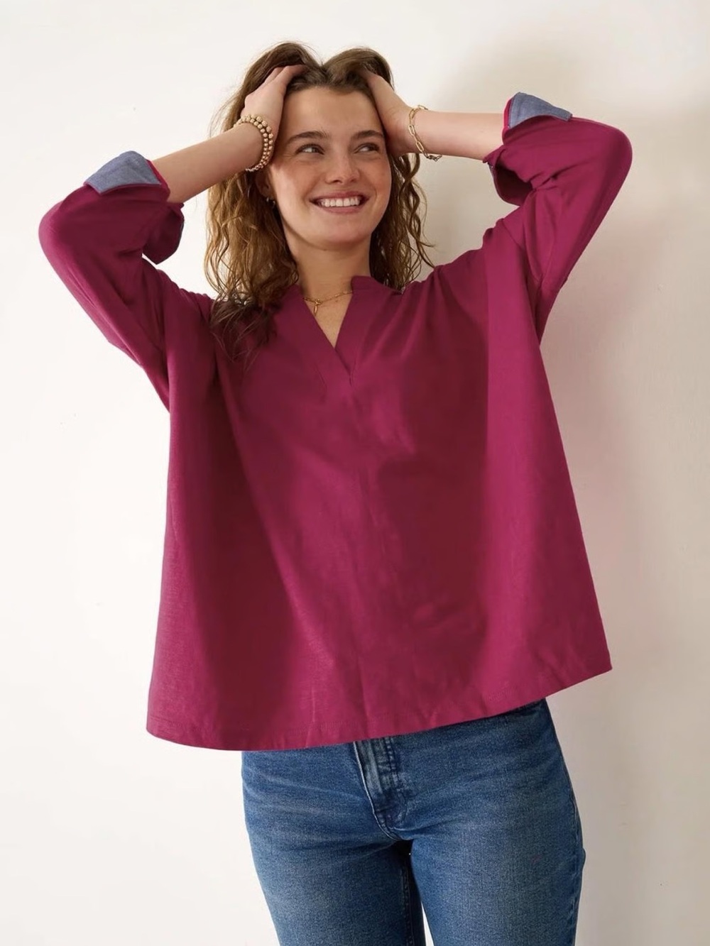 MERSEA Magenta Amelia Cuff Tee One Size Cotton V-Neck